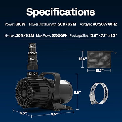 VIVOHOME 310W 5300GPH Submersible Water Pump with 180° Seamless Adjustable Nozzle and Barrier Bag for Koi Pond Waterfall Fountains Fish Tank