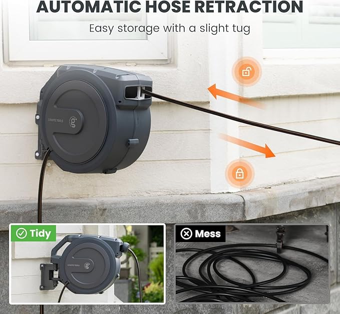 Giraffe Tools AW30 Wall Mounted 1/2" x 100 ft Garden Hose Reel, Retractable Water Hose Reel, Automatic Rewind & Lock at Any Length