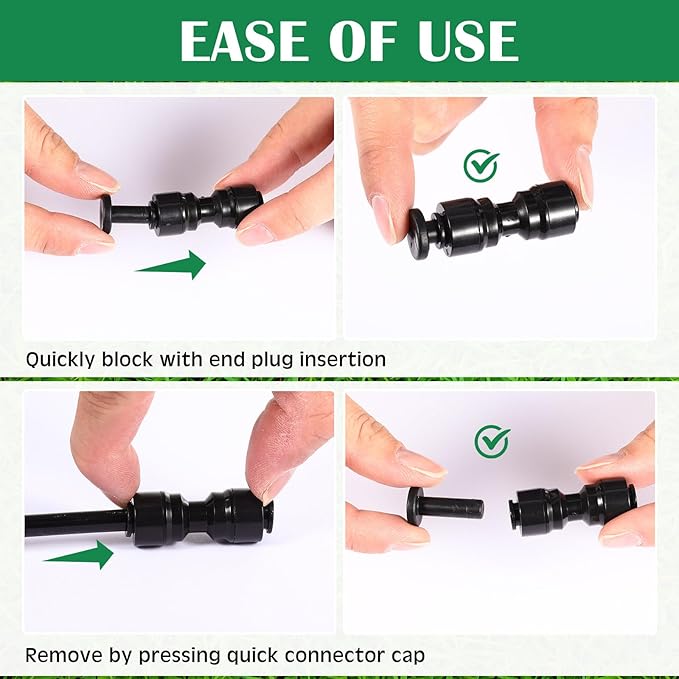 30 Pcs 1/4" Drip Irrigation Tee Connectors for Tube Quick Connect Parts Fittings for 1/4 Inch(6.35mm) Irrigation Tubing or Sprinkler(Black,End Plug)