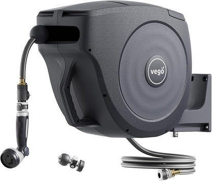 Vego Garden Hose Reel Retractable 1/2" x 100ft Wall Mounted Hose Reel Automatic Rewind, Any Length Lock with 9 Patterns Sprayer Nozzle, Quick Connector and Adjustable shot Nozzle
