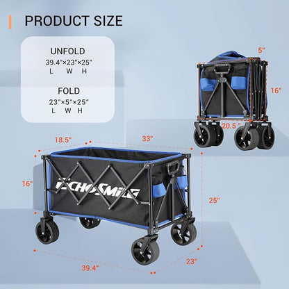 EchoSmile Collapsible Folding Wagon Cart 360lbs, Heavy Duty Garden Utility Cart with All Terrain Wheels, Large Capacity Outdoor Wagon for Camping, Beach, Shopping, Picnic (Blue Black)