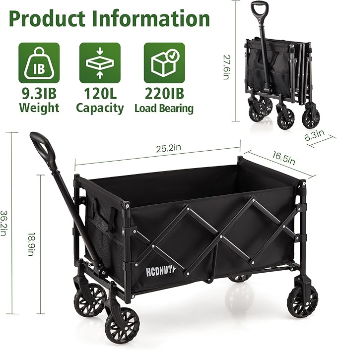 Collapsible Heavy-Duty Wagon Cart with PVC Wheels, Portable Folding Outdoor Utility Wagon for Sports, Garden, Grocery Shopping,Camping, Transportation,Hauling (120L)