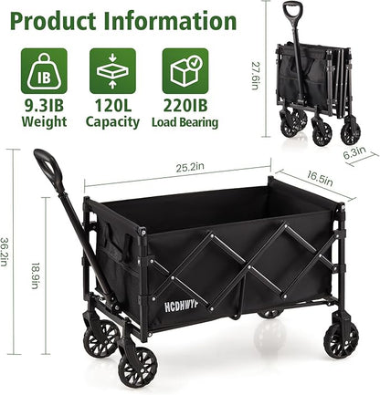 Collapsible Heavy-Duty Wagon Cart with PVC Wheels, Portable Folding Outdoor Utility Wagon for Sports, Garden, Grocery Shopping,Camping, Transportation,Hauling (120L)