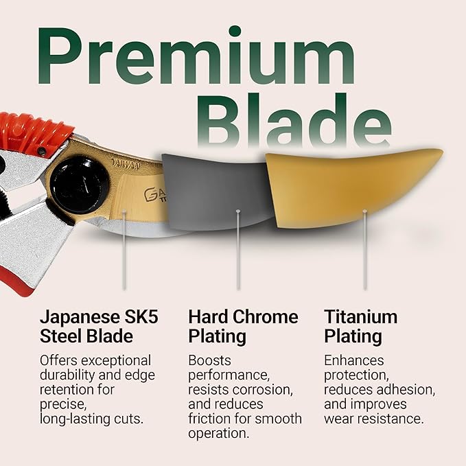 Gardeness Titanium Bypass Pruning Shears- SK5 Steel Garden Clippers For Gardening, Florist cutters-Floral Secateurs with Soft Comfort Grip Handles for Trimming Flowers, Branches, Shrubs and Plants