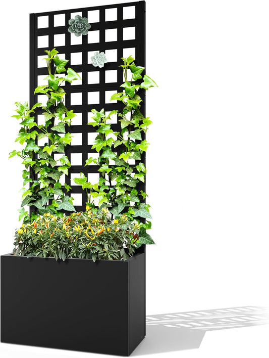 Metal Planter Box with Trellis, Raised Garden Bed with Privacy Screen, Outdoor Standing Flower Beds with Drainage Hole for Climbing Plants, Vine, 23" L x 12" W x 63" H, Black