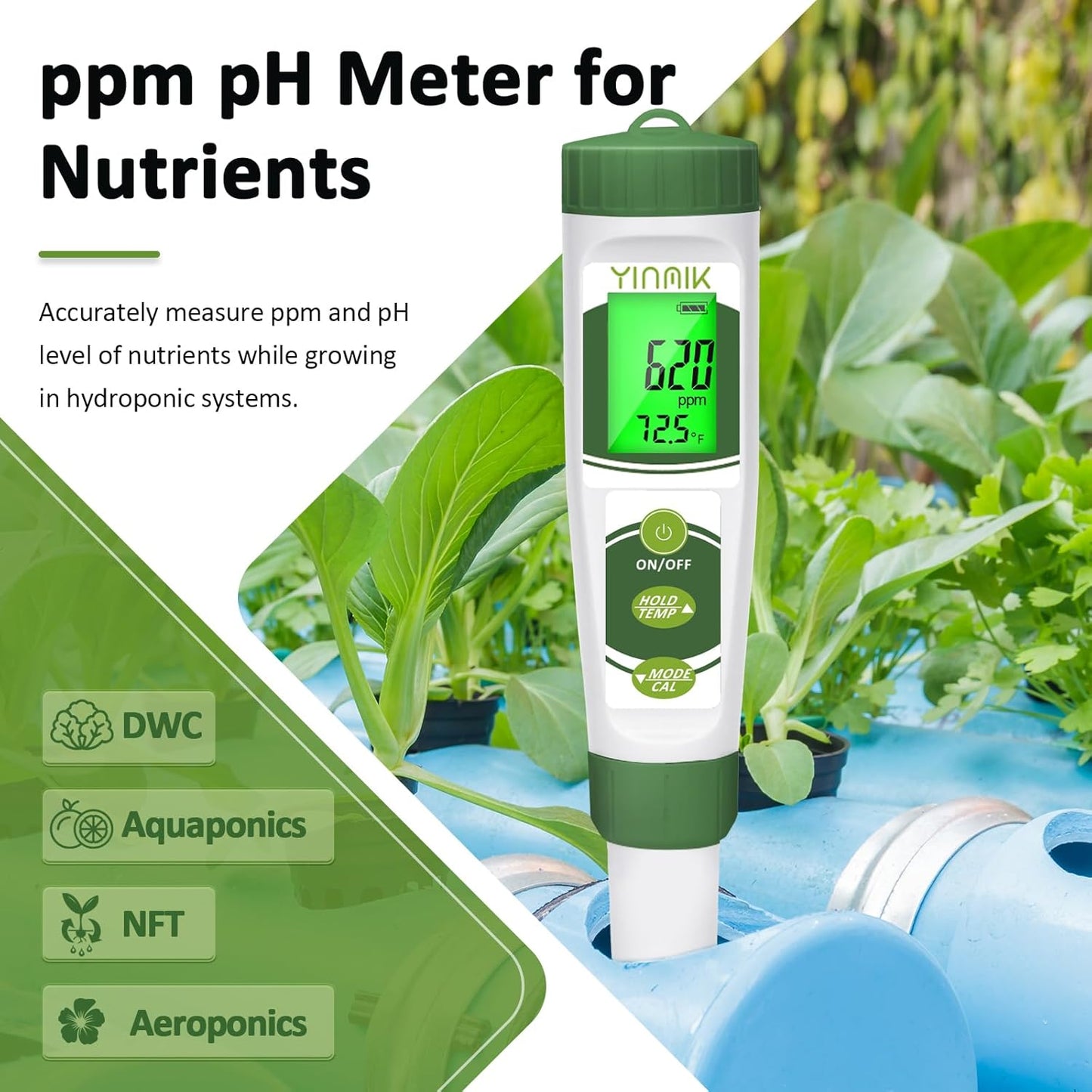 YINMIK pH EC Meter for Water Hydroponics, PPM Meter for Nutrients, Measure pH PPM Conductivity Temperature of Hydroponic Garden Water and Nutrient Solution, EC pH TDS Meter for Water, Aquarium, Pool