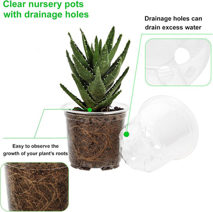 JERIA 50 Pack 3.5/4/5/6/7 Inch Clear Nursery Pots with Drainage Holes, Clear Plant Pot for Planting, Transparent Plastic Plant Pots,Durable Seed Starting Pot for Succulents