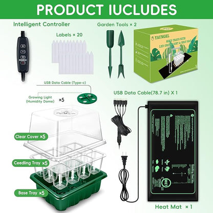 YAUNGEL Seed Starter Tray with Grow Light, 5 Pack Seed Starter Kit with Heat Mat, Seedling Starter Trays with Timing Controller Adjustable Brightness, Thicken Trays with Humidity Domes