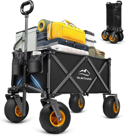 Beach Wagon with Big Wheels for Sand, Heavy Duty Harder Sand Collapsible Folding Wagon with All-Terrain 9" Pneumatic Ballon Tires, Utility Wagon for Garden Sports Camping Outdoor Activities