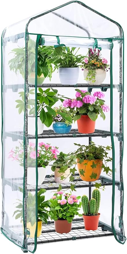 Mini Greenhouse for Outdoors Indoor: Ohuhu Small Green House with 4 Tier Shelves, Portable Plastic Greenhouses with Heavy Duty Transparent PVC Cover for Winter Garden Patio Backyard Porch Balcony