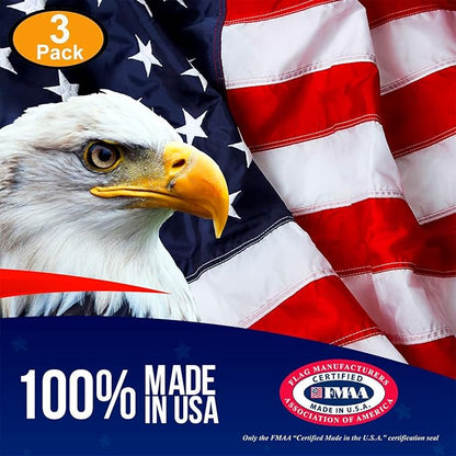 American Flags for Outside 3X5 (Pack of 3) -American Flag 3x5 with Embroidered Stars and Sewn Stripes US Flag 3x5 Heavy Duty Outdoor Made in USA for High Wind- All Weather Flags
