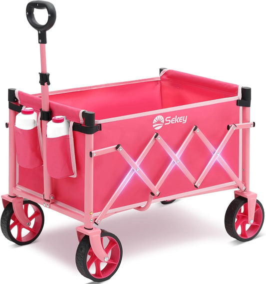 Heavy Duty Wagon with Big Wheels, Foldable Cart with 220LBS Capacity, Utility Lightweight Wagon, Collapsible Grocery Shopping Cart for Camping Sports & Holiday. Pink