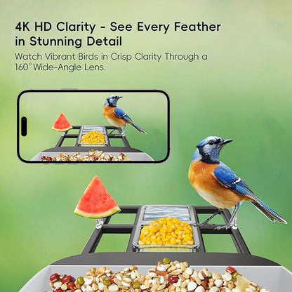 Smart Bird Feeder with Camera, Solar Panel & 5200mAh Battery, 4K HD Video, AI Identification, Instant Arrival Alerts & Alarm, IP65 Weatherproof, 32GB Card, 2L Capacity, Bird Lover’s Smart Companion
