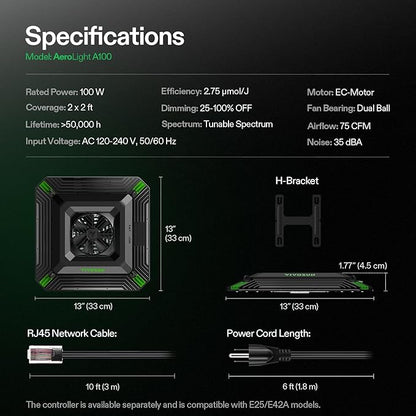 VIVOSUN AeroLight A100, Tunable Spectrum, LED Grow Light 100W w/Integrated Circulation Fan, Compatible with App, Used with Growhub Controller E42A/E25 to Achieve More Functions