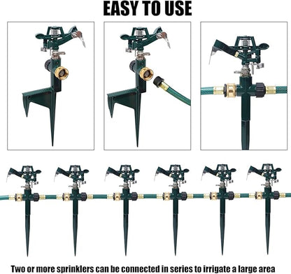 Biswing 2 Pack Impact Sprinkler Head on Metal Step Spike, Heavy Duty Zinc Alloy Lawn Sprinkler, Adjustable Coverage Nozzle on Sturdy Spike Base, 360 Degree Large Area Irrigation, Green