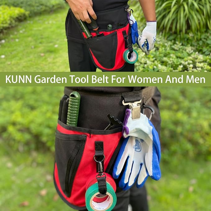 KUNN Garden Tool Belt,Durable Adjustable Tool Belt Waist Pouch with 4 Pocket for Women Men Gardeners Florist Red