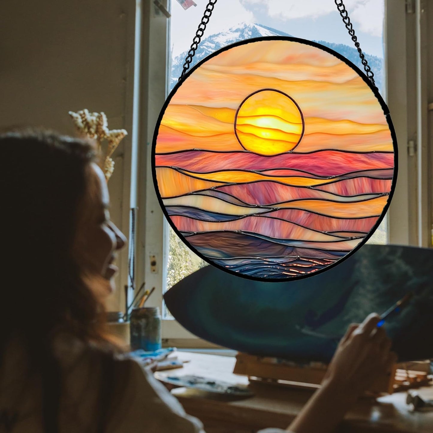 Stained Glass Window Hanging, Orange Sunrise Suncatcher Diamond Glass Panel Hangings Scenery Sun Catchers Decor for Birthday for Women, Men, Wife, Aunt, and Mom 11.8 in