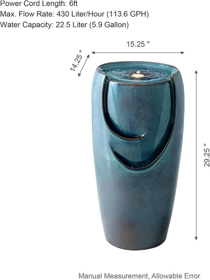 Glitzhome 29.25" H Oversized Ceramic Vase Outdoor Water Fountain Tall Patio Garden Water Fountain with LED Light and Submersible Pump Yard Art Decor, Turquoise