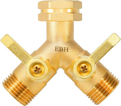 EBH Garden Hose Splitter 2 Way Full Flow, Y Valve High Flow Brass Hose Diverter, Metal Long Handle With Shutoff, GHT 3/4-Inch Heavy Duty Hex Female Inlet and 3/4-Inch Male Outlet