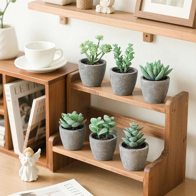 DomeStar 6PCS Small Fake Plants, Artificial Succulents Plants for Home Office Bathroom Kitchen Decor Green