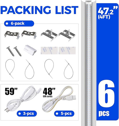 Barrina 4FT T8 Plant Grow Light, 252W(6 x 42W, 1400W Equivalent), Full Spectrum, LED Growing Lamp Fixture for Indoor Plant Growing, with ON/Off Switch & V-Shaped Reflector, Pinkish White, 6-Pack