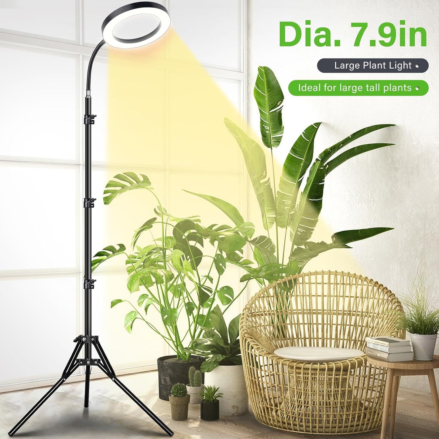 LORDEM Grow Light for Indoor Plants, Full Spectrum Plant Light with Auto Timer for 4/8/12H, 7.9" Diameter Growing Lamp with 108 LEDs, 4 Dimmable Levels, Adjustable Stand 24"-67"