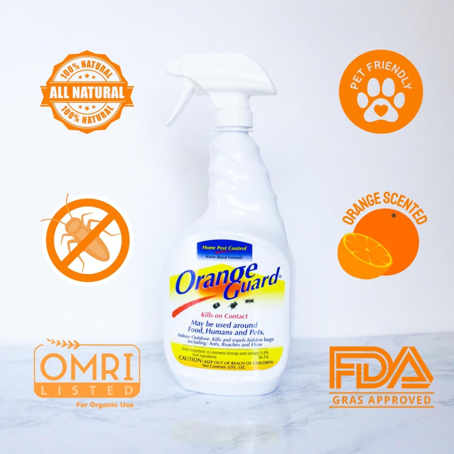 Orange Guard Home Pest Control Spray with D-Limonene | All-Natural Food Grade Orange Peel Oil for Bugs, Ants, Roaches, Fleas, Palmettos and Silverfish - 32oz