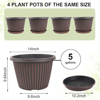 Large-Planter-Indoor-Outdoor Plant Pots, 14 inch 4 Pack Plastic Flower Pots with Saucer And Drainage Holes, Modern Garden Planters For Planting Medium Large Plants， Decorative Resin Garden Pots