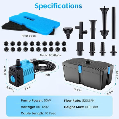 Pond Filters for Outdoor Ponds, 820 GPH Pond Filter with Fountain Pump Kits, 60W Pond Pump and Filter Kit for Koi Pond Clean, Garden Fountains, Waterfall