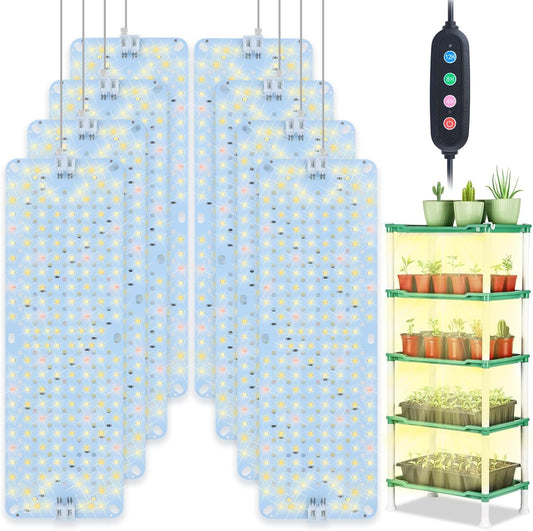 8Pack Flat Panel Grow Lights for Indoor Plants, Seed Starting, Vegetables with 4/8/12 Hr Timer, 80W Full Spectrum LED Plant Growing Lamps for Cabinet/Shelves/Greenhouse, Plug-and-Play, Connect Freely