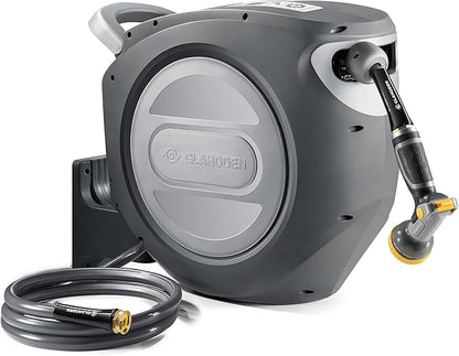 GLAHODEN Retractable Garden Hose Reel 1/2 in x 100 ft Upgraded UV Resistant Heavy Duty Automatic Hose Reel Wall Mount 3/4 in Brass Fitting 9 Pattern Nozzle Any Length Lock Slow Retraction 180° Swivel