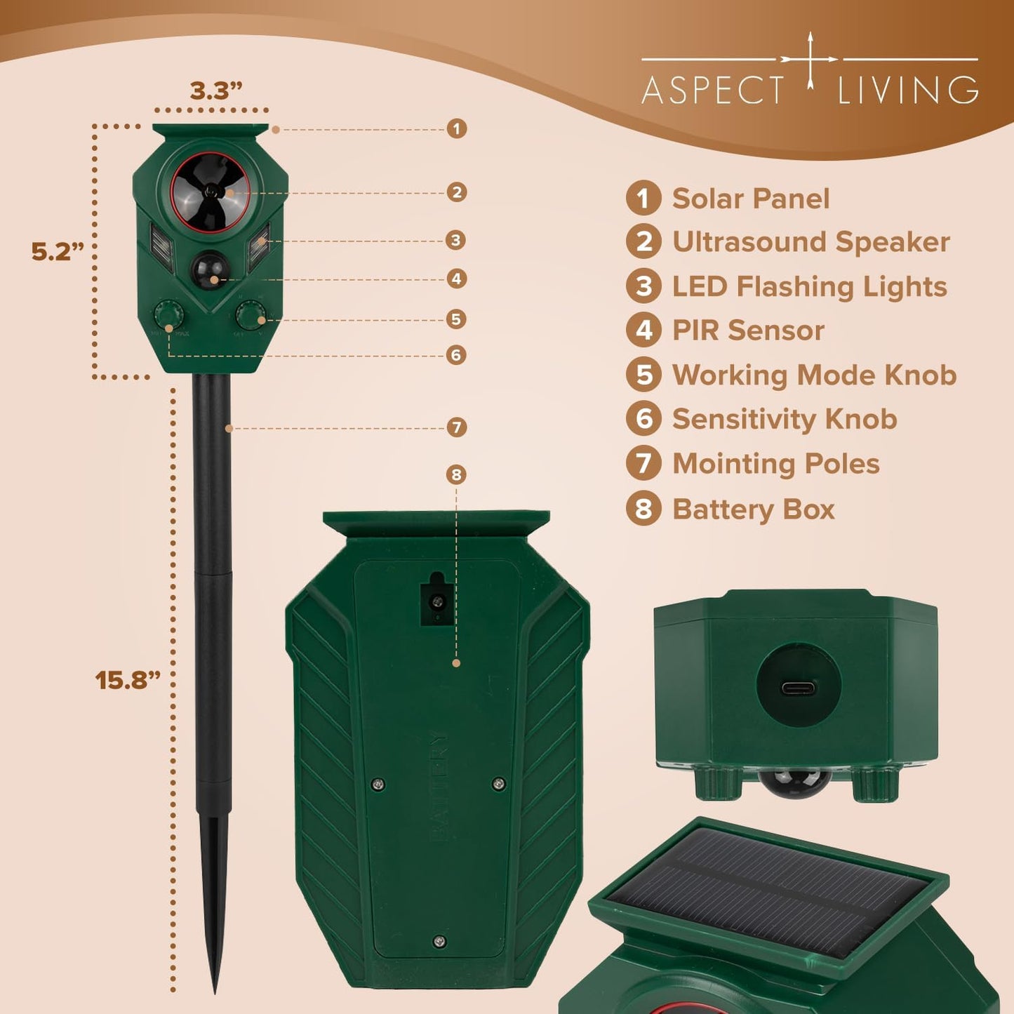 Solar Ultrasonic Animal Repeller Outdoor – Motion Sensor Activated Deer Repellent with Flashing Lights & Sound, IP65 Waterproof, Deterrent for Cats, Dogs, Raccoons, Skunks, Birds