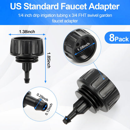 Universal 3/4 Inch Female Pipe Thread to 1/4 Inch Drip Irrigation Tubing Adapter, 8 Pack 1/4 In. Barbed Drip Line x 3/4 In. Faucet PVC Adapter Connect 3/4" FHT Garden Faucet Hose Bibb