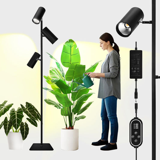 90W Dimmable Grow Light, Full Spectrum COB LED Triple-Head Floor Lamp with High CRI, 6/8/12H Timer, Adjustable Height (43"-83") & Angle – Standing Grow Lights for Indoor Plants (warm white 4000K)