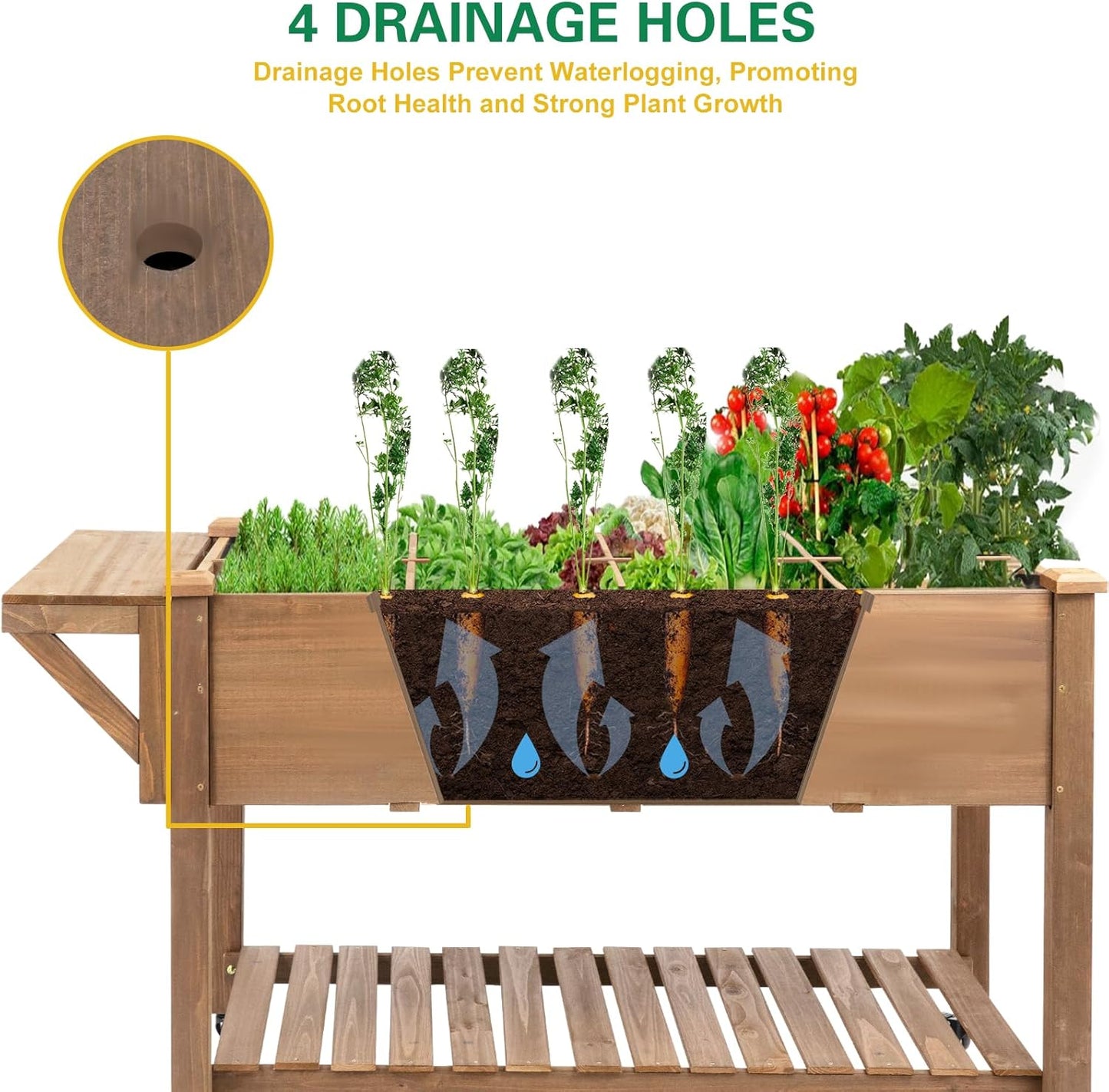 Raised Garden Bed with Wheels, Wood Elevated Garden Box with W-Connection Tabs，for Vegetable, Flower, Herb, Large Storage Shelf, Easy to Assemble, 55.5x24x32in