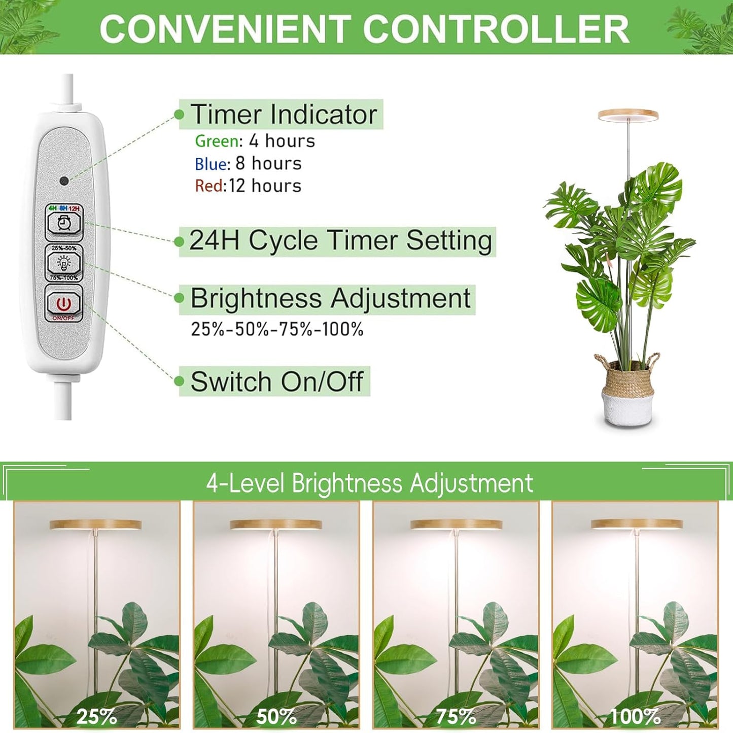 LBW Plant Grow Light Bamboo Plants Grow Lights for Indoor Full Spectrum LED Plant Grow Light, 4/8/12H Recurring Timer