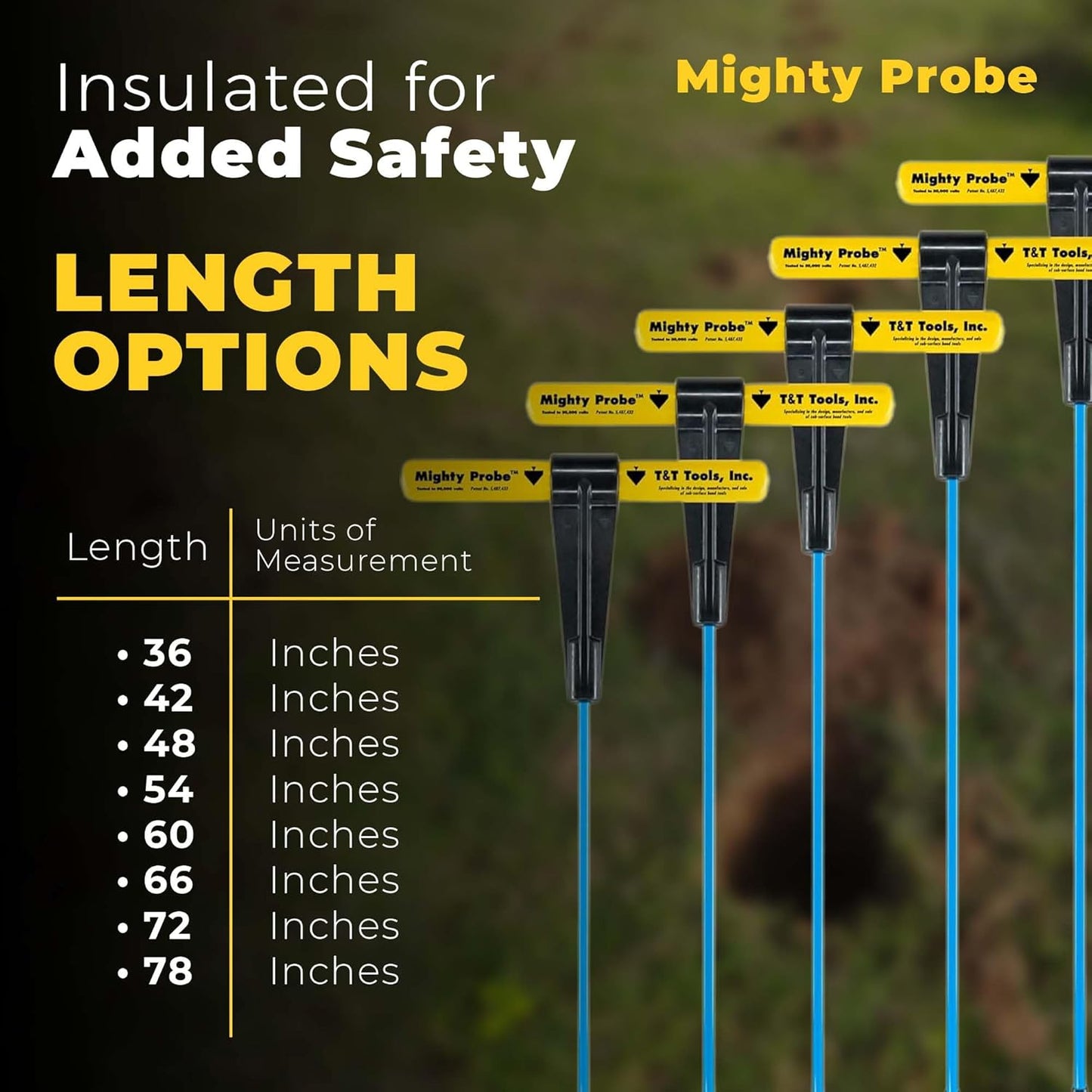 T&T Tools 48-Inch Mighty Probe Insulated Metal Soil Probe – 3/8" Metal Round Rod, Heavy Duty Design for Easy Penetration & Withdrawal, Soil Testing & Landscaping Tools, T-Handle, USA-Made-2 Pack