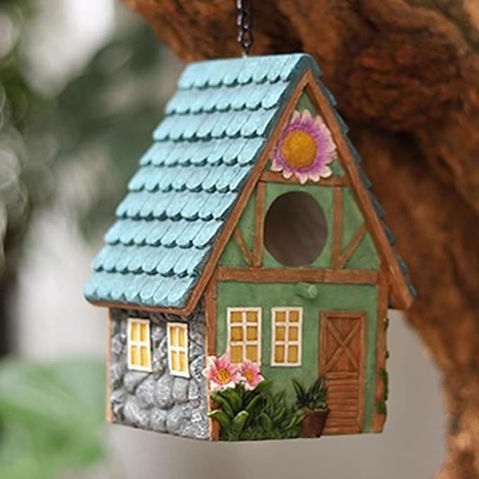 Cottage-Style Hanging Birdhouse with Flower Accents – Hand-Painted Resin Decorative Bird House for Outdoors, Weather-Resistant Garden Decor for Small Birds