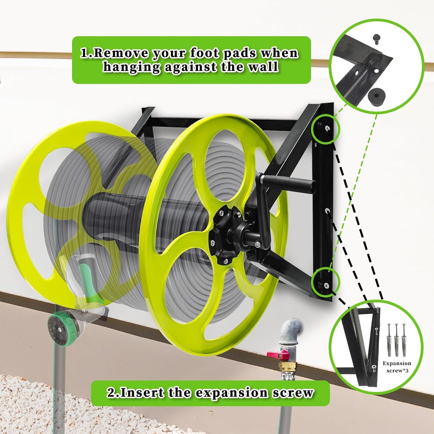 Stainless Steel Garden Hose Reel for 5/8" stainless steels Hoses Reel with Crank Handle Hose Reel Wall Mount 3/4 in Brass Fitting for Hassle-free Outdoor ， Holds up to 400-Ft (Hose not included)