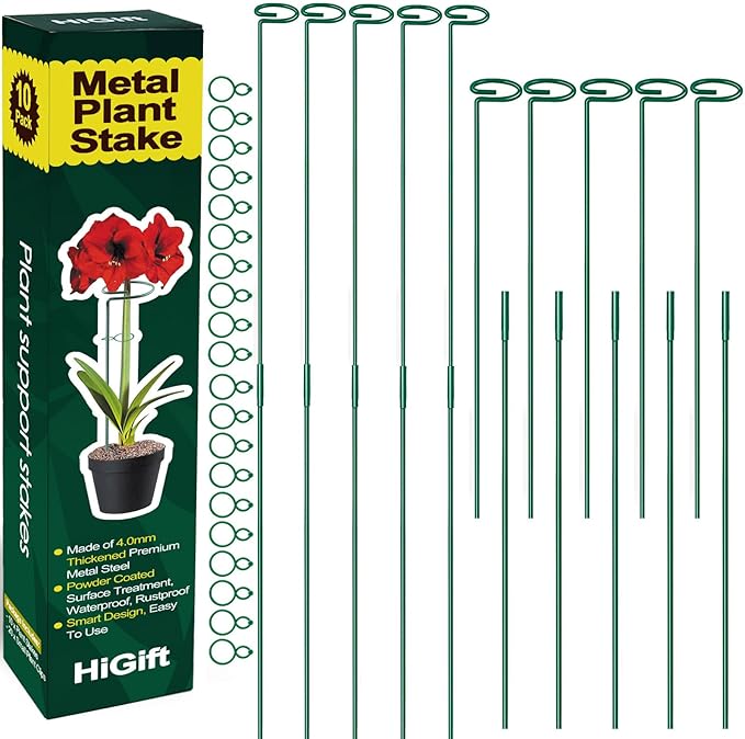 10 Pack Height Adjustable Plant Support Stakes (17" or 32" Inches), Metal Plant Stakes for Indoor Outdoor Plants, Tall Plant Stick Support Ring Cages for Garden Flower Amaryllis Orchid Gladiolus