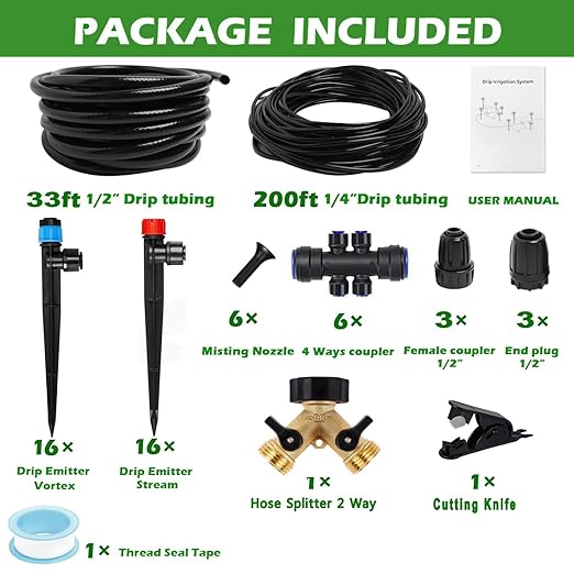 233FT Drip Irrigation System Kit with Quick-Connect System,33FT 1/2" Mainline & 200FT 1/4" Tubing,Brass Y-Type Splitter,Adjustable Nozzle Types.Efficient Sprinkler System Kit