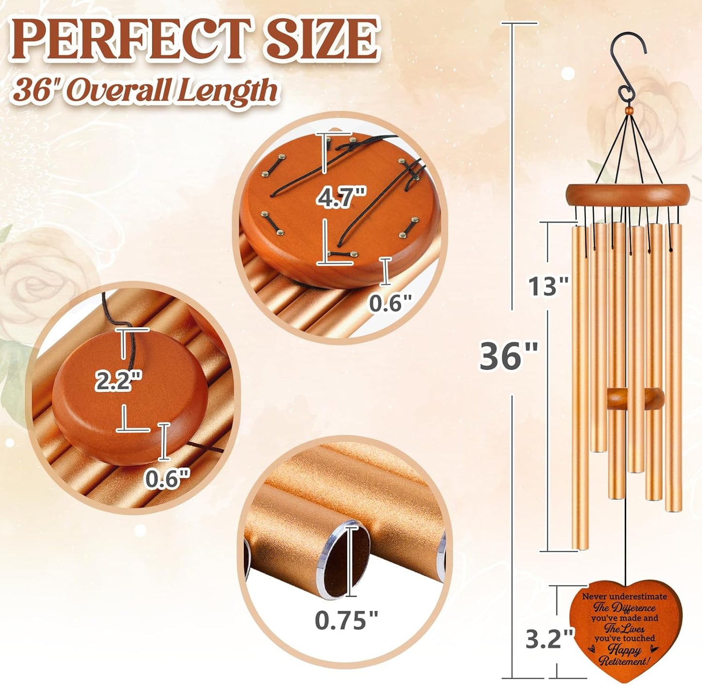 Retirement Gifts for Women, 36" Retirement Wind Chime for Women Men, Happy Retirement for Friends Teachers Nurse Boss Colleague Female, Going Away Gifts, 36" Garden Decorations for Outside