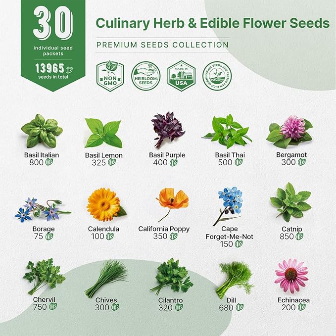 Organo Republic 30 Culinary Herbs & Edible Flower Seed Variety Pack- Indoor/Outdoor. 14000+ Non-GMO Heirloom Flower Seeds: Basil, Borage, Echinacea, Lavender, Oregano, Rosemary Seeds & More