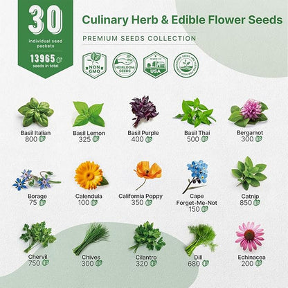 Organo Republic 30 Culinary Herbs & Edible Flower Seed Variety Pack- Indoor/Outdoor. 14000+ Non-GMO Heirloom Flower Seeds: Basil, Borage, Echinacea, Lavender, Oregano, Rosemary Seeds & More