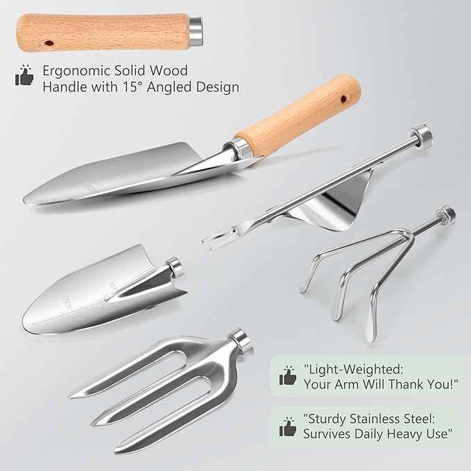 Garden Tools Set 10-Piece, Heavy Duty Stainless Steel Garden Hand Tools with Floral Tote Bag - Rust-Proof Garden Tools for Gardening, Gardening Gifts for Women Mom