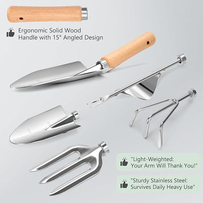 Garden Tools Set 10-Piece, Heavy Duty Stainless Steel Garden Hand Tools with Floral Tote Bag - Rust-Proof Garden Tools for Gardening, Gardening Gifts for Women Mom