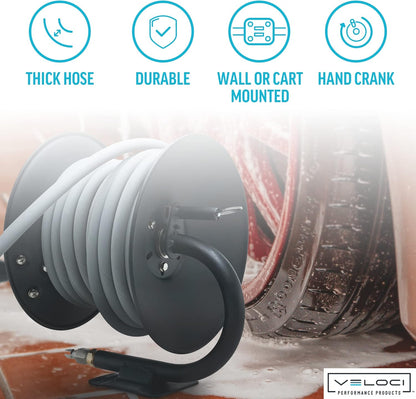 MTM Hydro Pressure Washer Hose Reel Kit, Metal Heavy-Duty Hand Crank Wall Mounted, Commercial Grade with Kobrajet Non-Marking Gray Hose High Pressure 3/8” 4000 PSI 50’ Commercial Grade