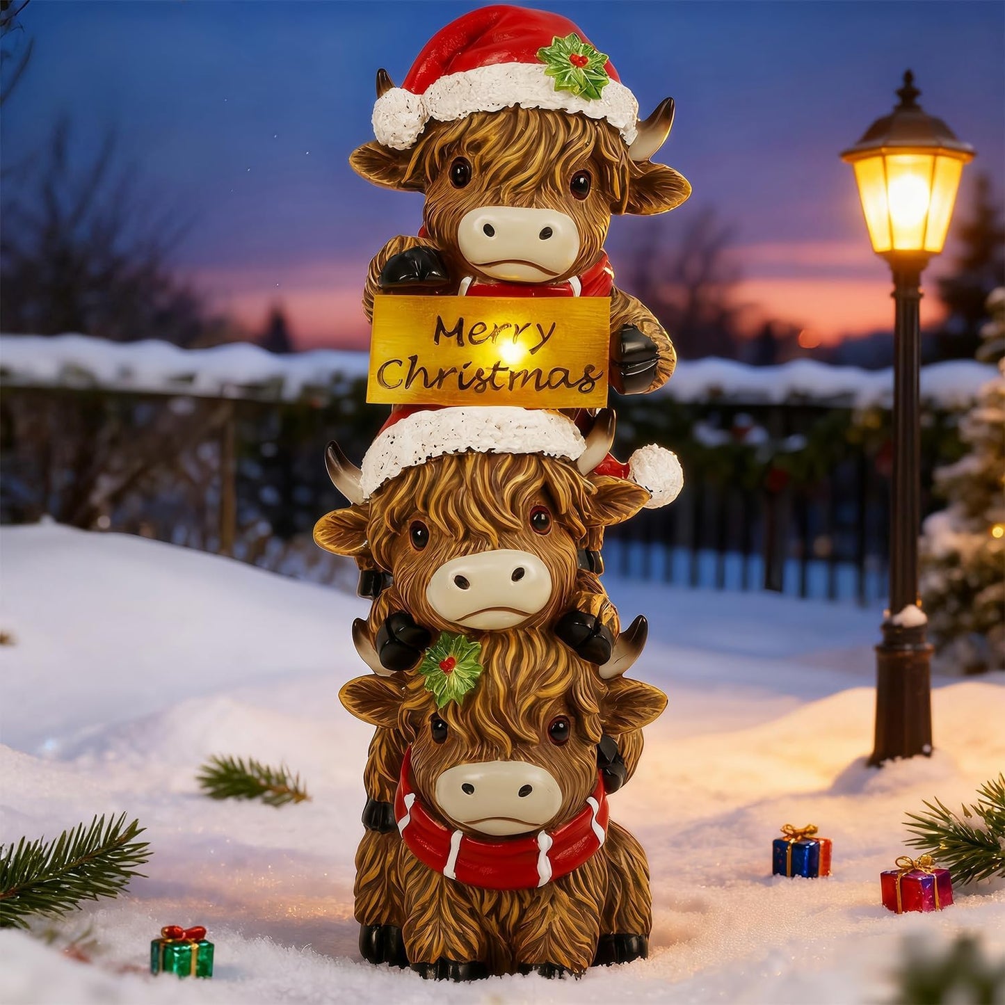 Glintoper Solar Garden Highland Cow Statue, 12" Outdoor Christmas Decoration Lighted Triple Stacked Resin Cow Whimsical Yard Art, Ideal Xmas Birthday, for Porch Pathway Patio Lawn