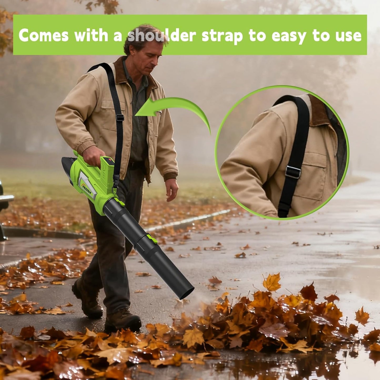 Leaf Blower Cordless Brushless with 6Ah Battery*2 and Charger, Strap, 21V Quiet 6-Speed Electric Leaf Blower with Display for Lawn Care, Leaves & Snow(Green)