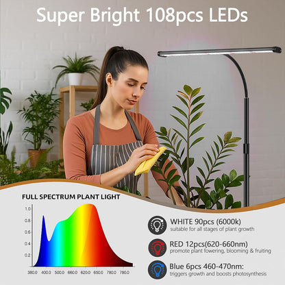 Super-Bright Plant Grow Light, 6000K 108LEDs Full Spectrum Plant Lamp with Timer 4/8/12Hrs & Height Extendable for Home Office Desktop Indoor Plants, 12V 3A High Power Output for Faster Growth
